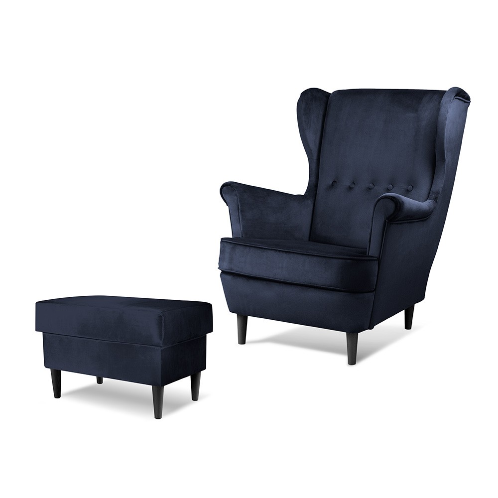 Fotel uszak Vako w zestawie z podnóżkiem granatowy