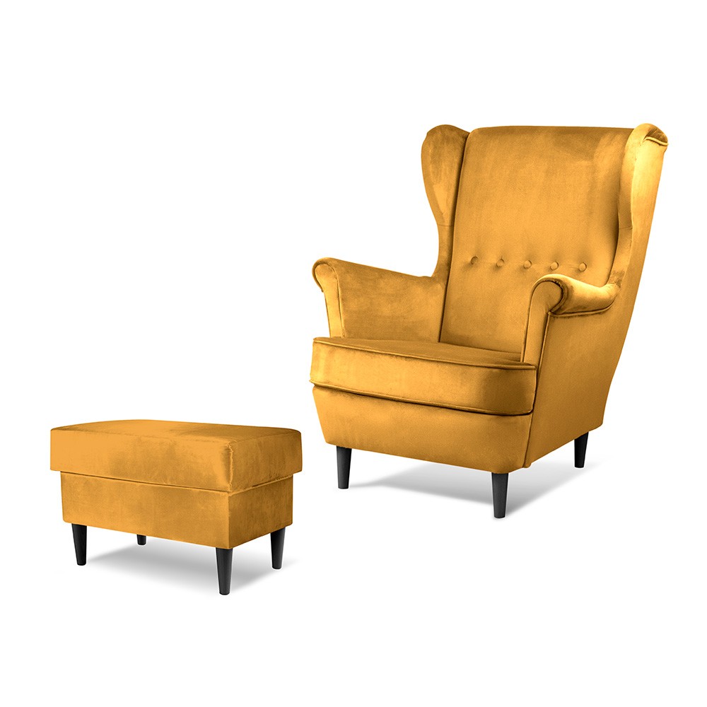 Fotel uszak VAKO miodowy w zestawie z podnóżkiem