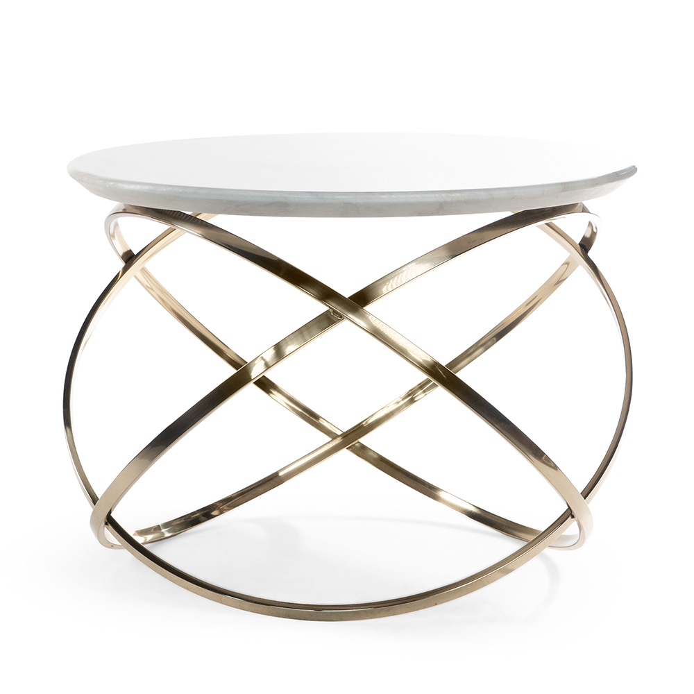Okrągły marmurowy stolik kawowy Orbis na złotej podstawie