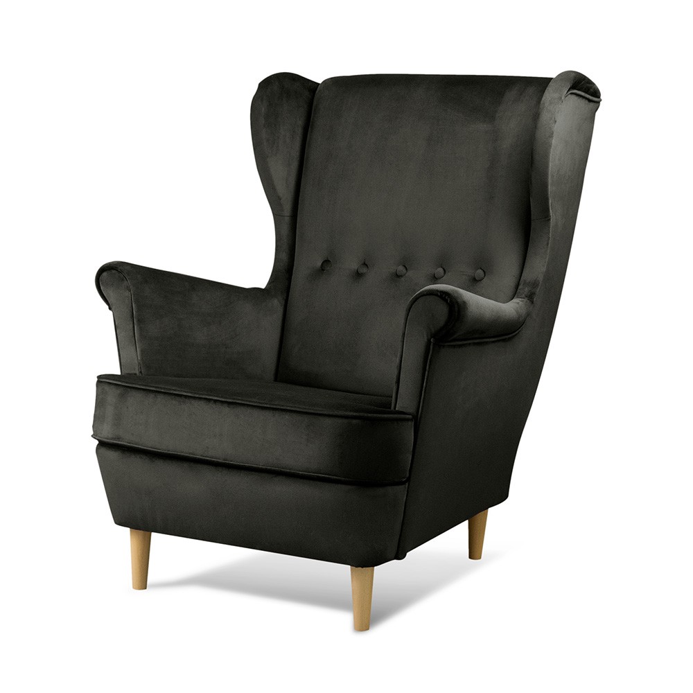 Czarny fotel uszak VAKO w zestawie z podnóżkiem