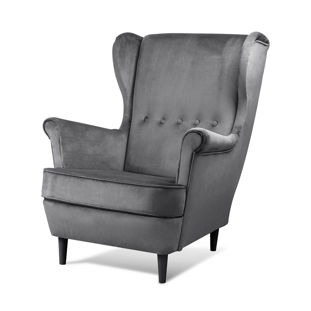 Grafitowy fotel uszak VAKO w zestawie z podnóżkiem