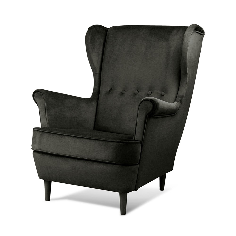 Czarny fotel uszak VAKO w zestawie z podnóżkiem