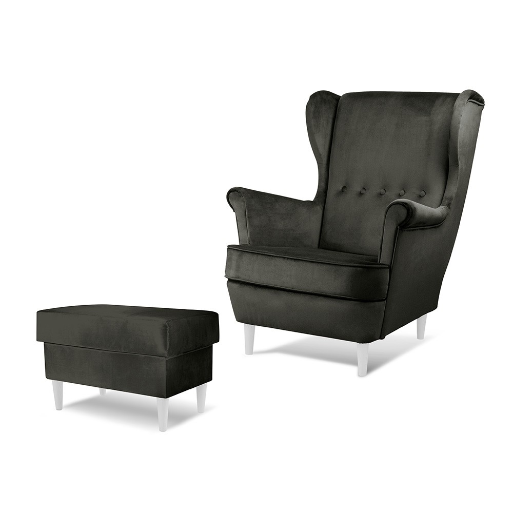 Czarny fotel uszak VAKO w zestawie z podnóżkiem