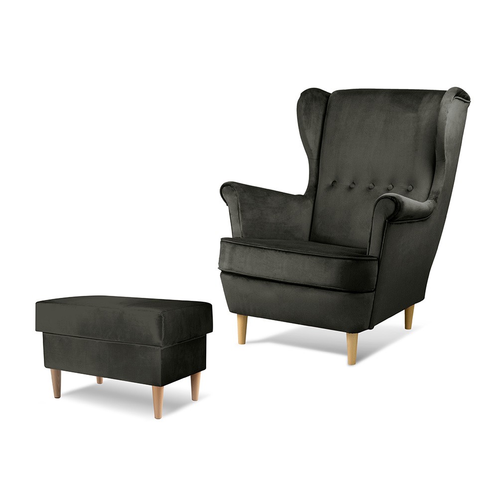 Czarny fotel uszak VAKO w zestawie z podnóżkiem