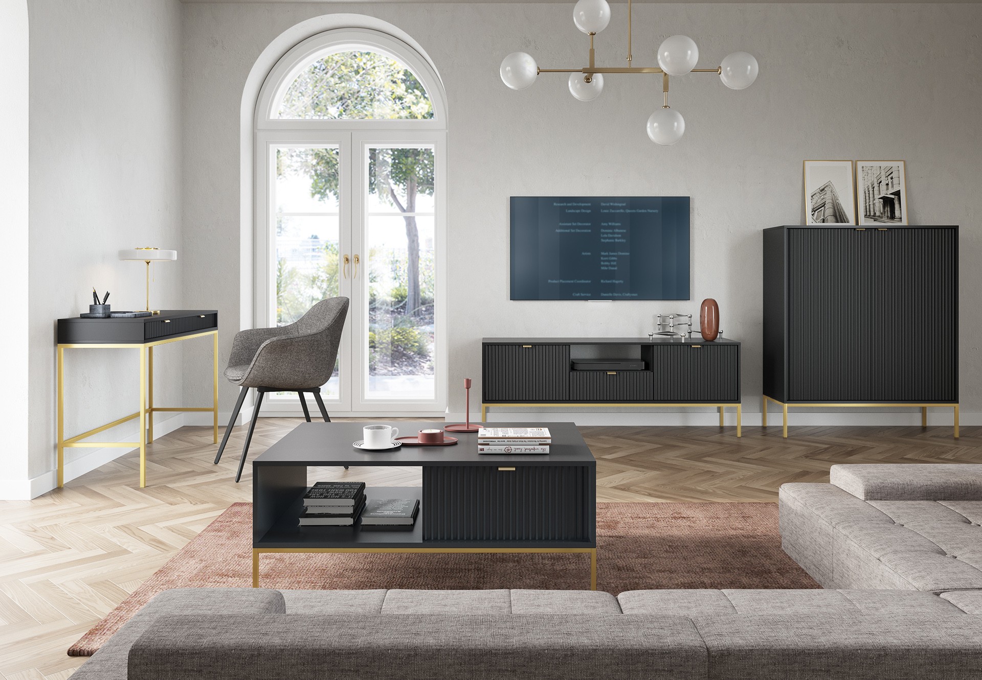 Wysoka komoda LAMELO LA03 w kolorze czarnym na złotych nogach