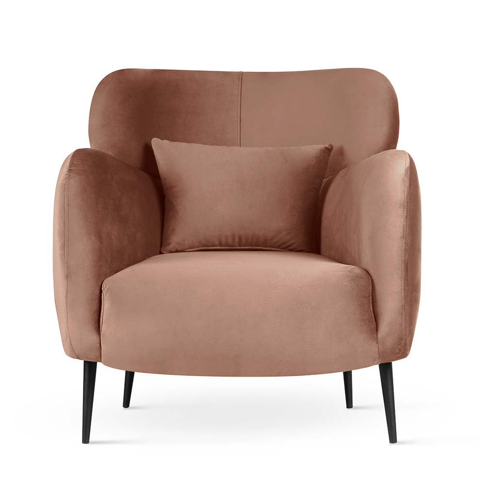 Skandynawski fotel z weluru BUENO w kolorze pudrowego różu do nowoczesnych pomieszczeń
