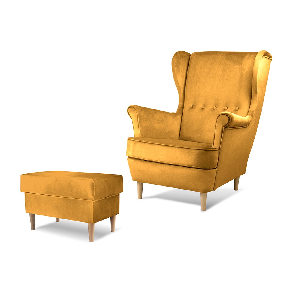 Fotel uszak VAKO miodowy w zestawie z podnóżkiem