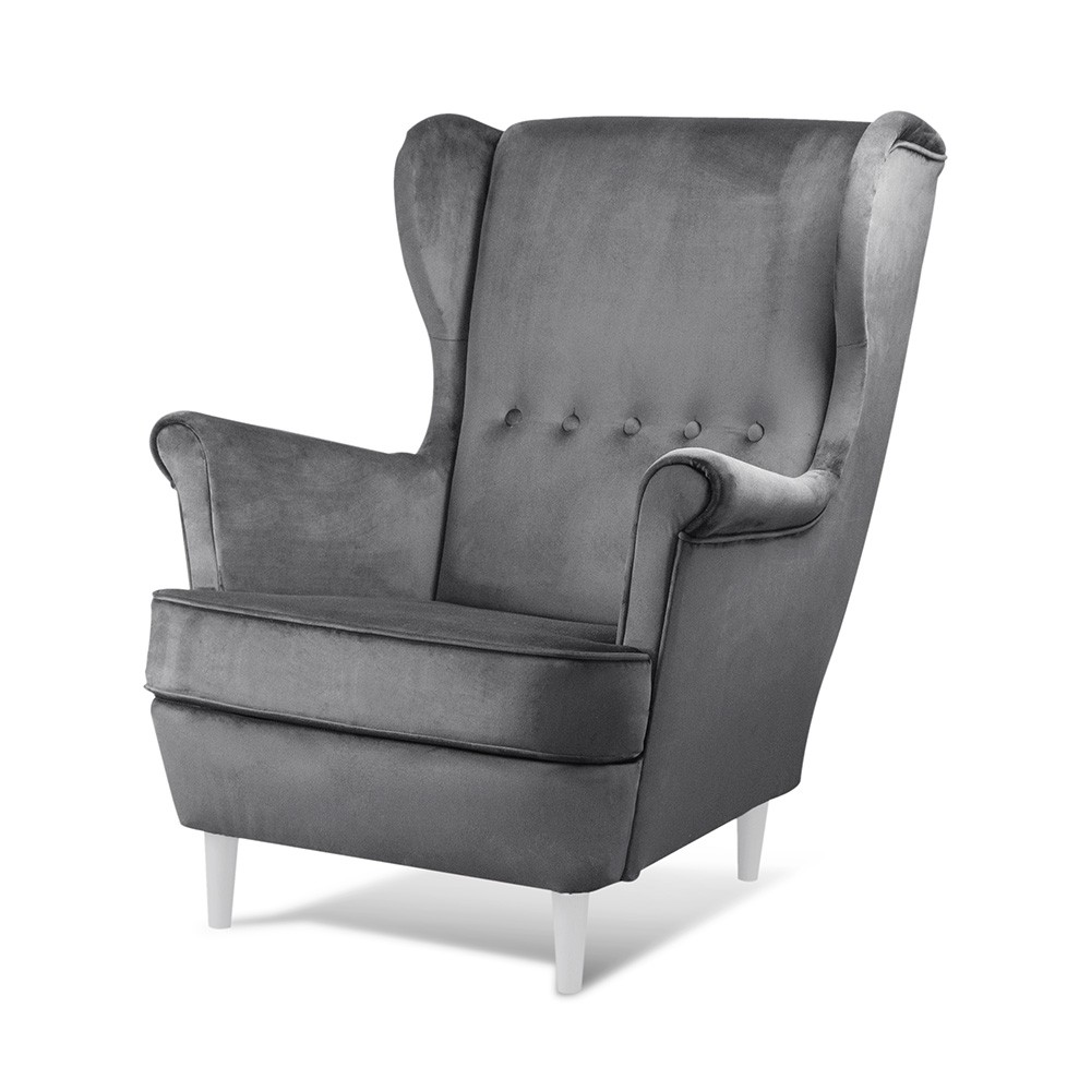 Grafitowy fotel uszak VAKO w zestawie z podnóżkiem