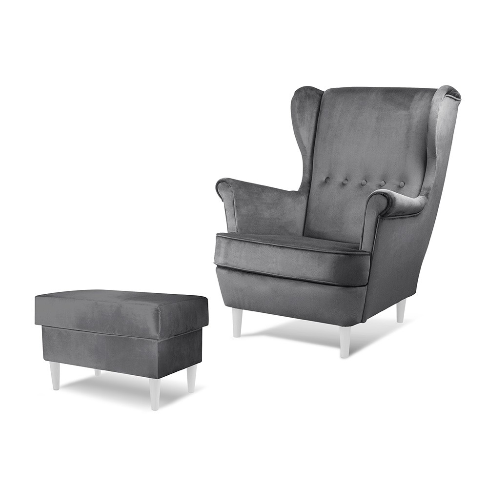 Grafitowy fotel uszak VAKO w zestawie z podnóżkiem