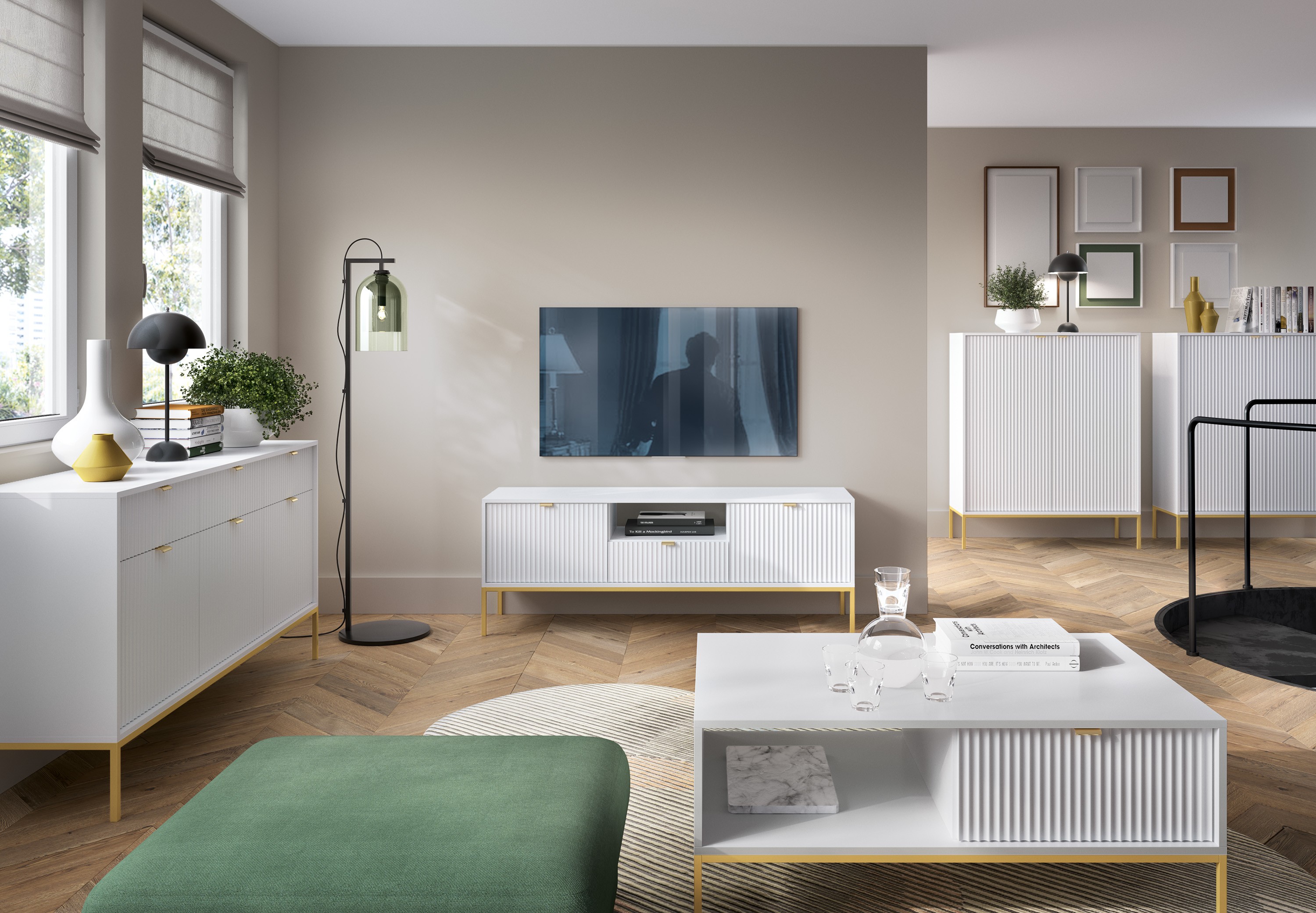 Ława systemowa LAMELO LA05 w kolorze białym na złotych nogach